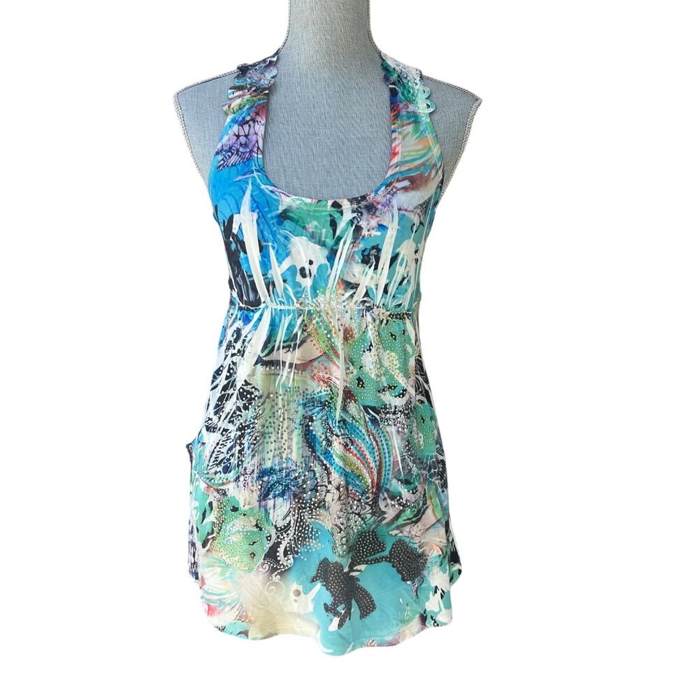 Y2K Colorful Abstract Print Stretchy Babydoll Tank Top Has Bling - Medium
